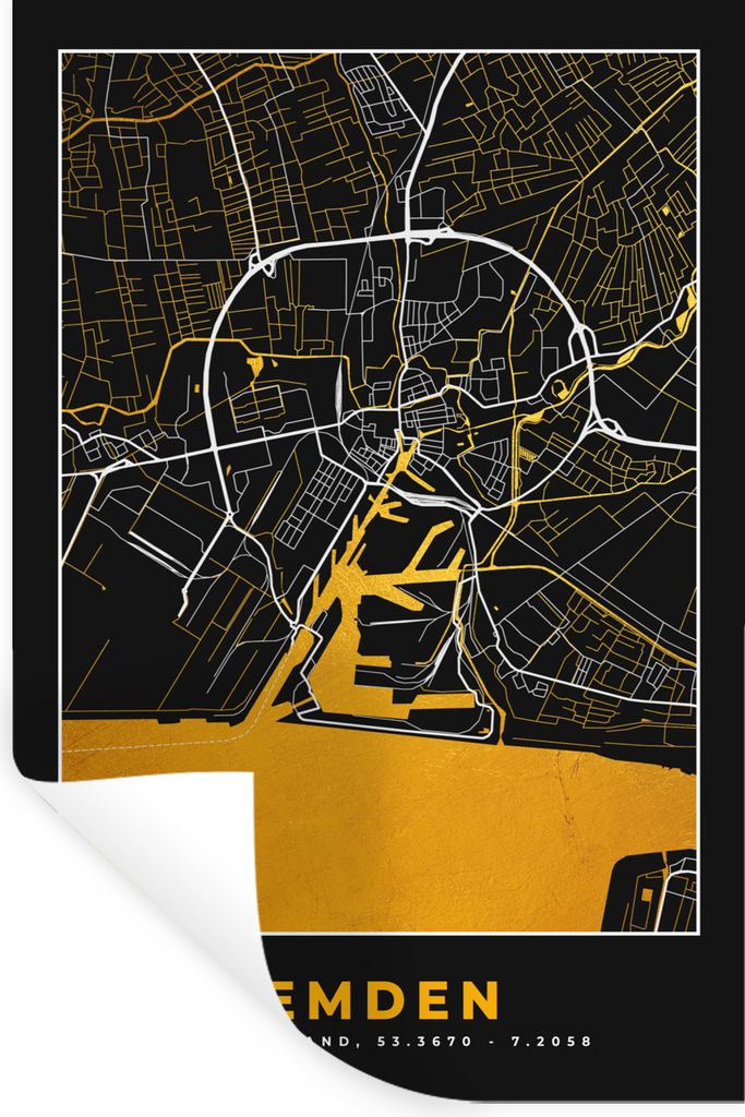 MuchoWow Wandtattoo Wandsticker Wandaufkleber Gold - Deutschland - Karte - Stadtplan - Emden 80x120 cm Selbstklebend und Repositionierbar - Repos...