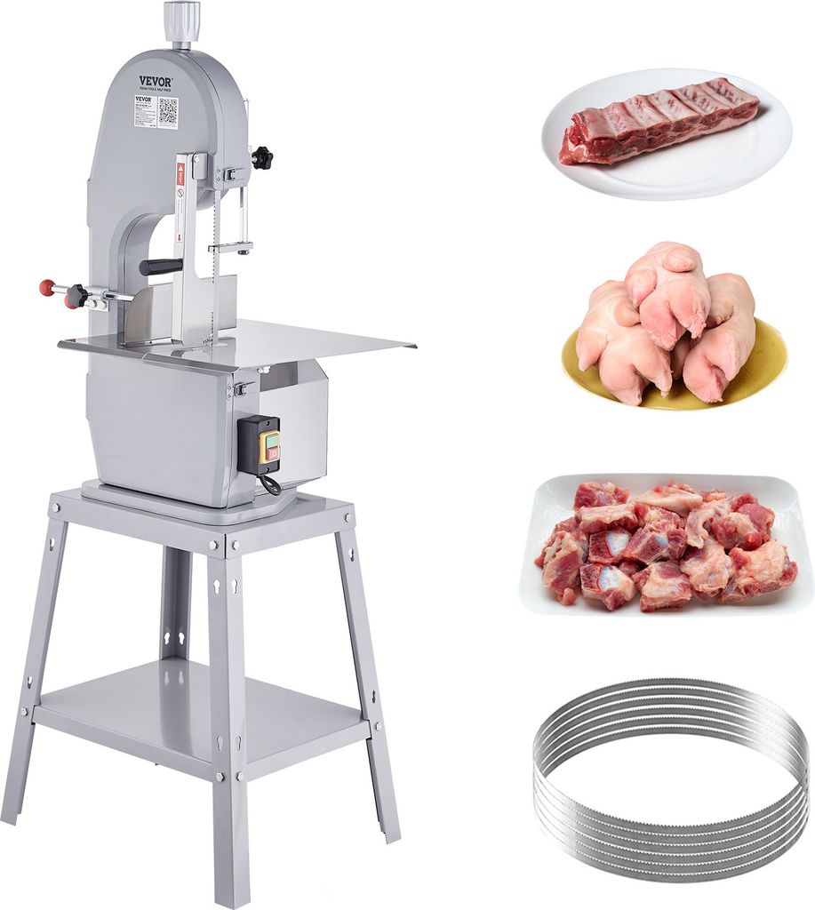 A commercial bone saw machine is shown alongside various cuts of meat and a set of saw blades.