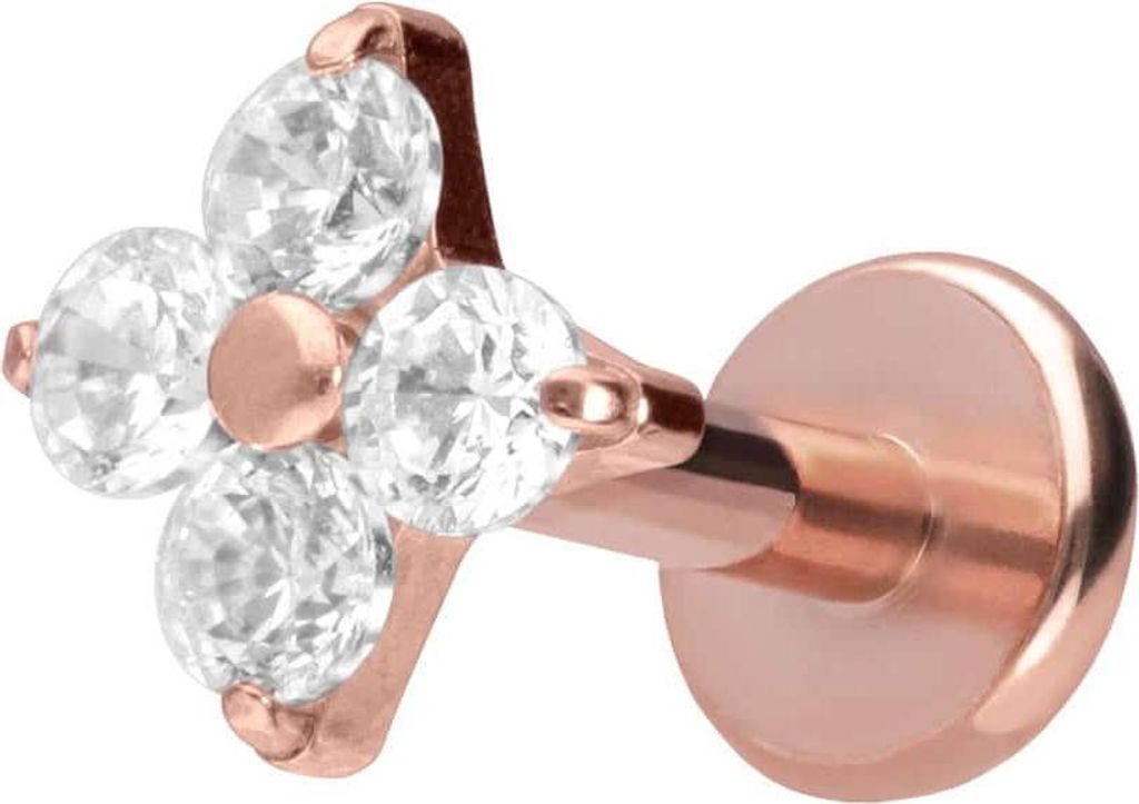 Ohrpiercing, Nasenpiercing Titan Labret mit Push Fit KRISTALLBLUME RoséGold Stablänge: 7mm | Stabstärke: 1,2mm