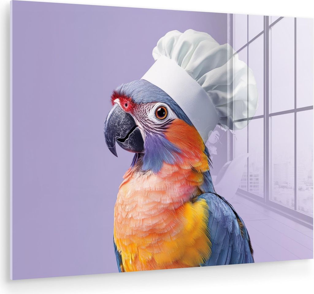 MuchoWow Glasbilder - Bilder auf Wandbild - Foto auf Glas Papagei - Kochmütze - Lila - Niedlich 80x60 cm Wanddekoration aus Glas - Acrylglasbild -...