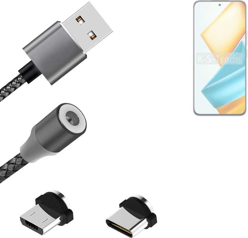 K-S-Trade Hochwertiges Magnet-Lade-kabel Sync-Kabel Daten-Kabel kompatibel mit Honor 90 GT mit USB-Typ-C-Anschluss und Micro-USB-Anschluss 2A bis zu