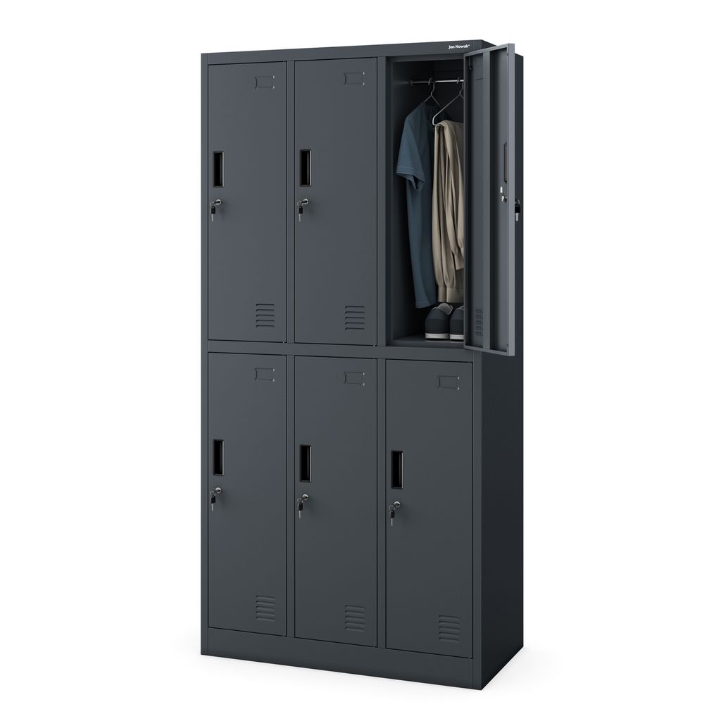 A gray metal locker unit with six compartments, one of which is open showing clothes and shoes inside.