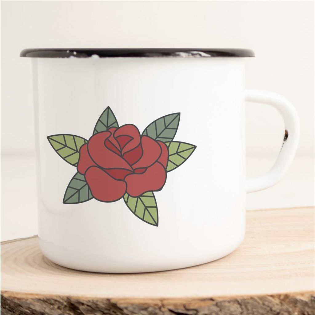 Huuraa Emaille Tasse Rose Geschenk Kaffeebecher Vintage 300ml Rose Präsent