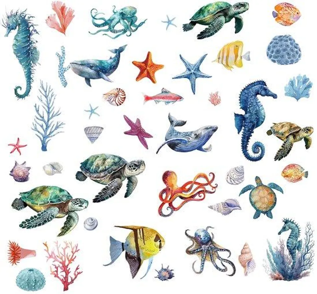 Décoration murale océan pour enfant - 8 stickers créatures marines PVC