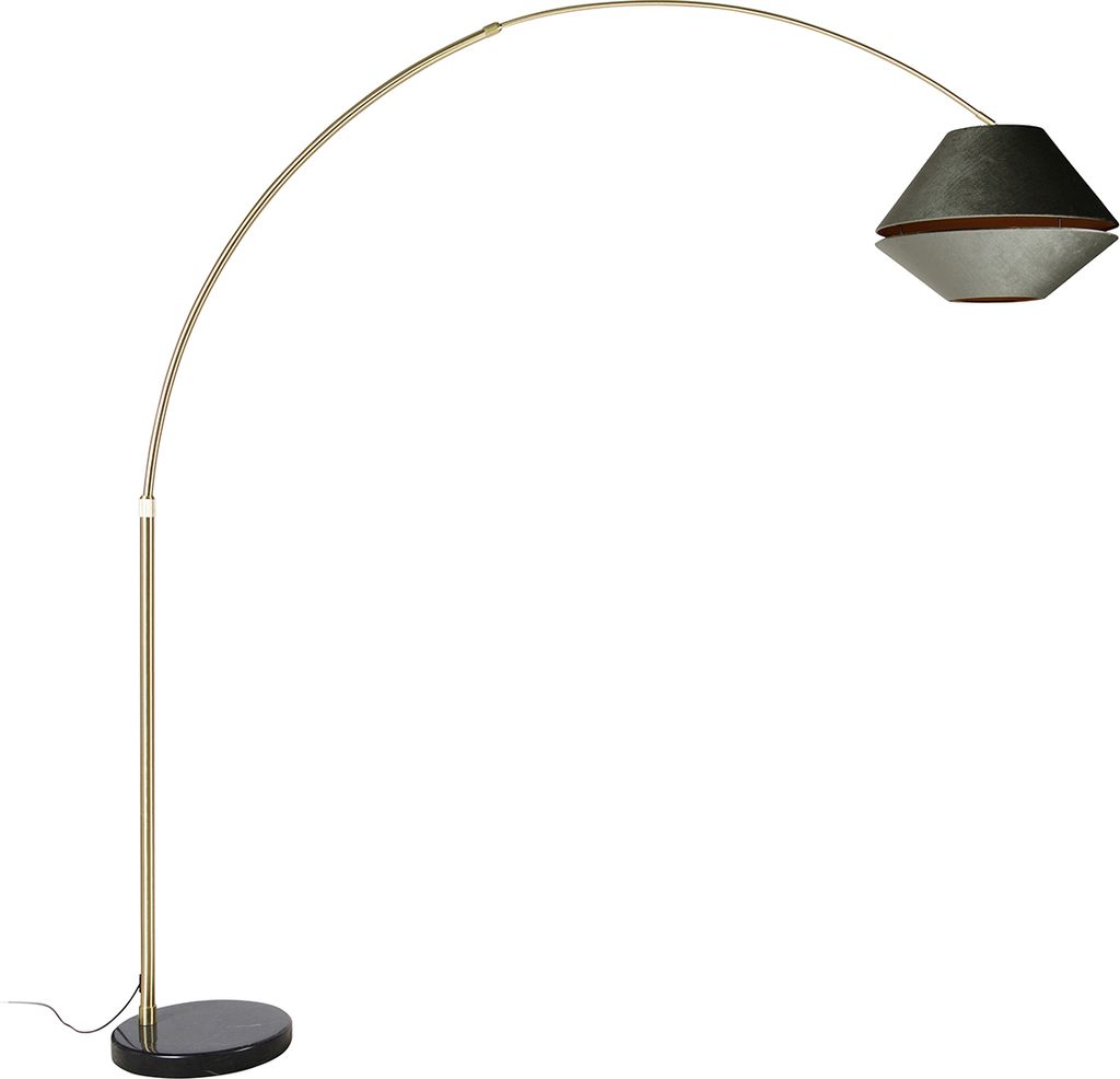 Bogenlampe aus Messing mit Schwarzem und Doppeltem Samtschirm Grün XXL