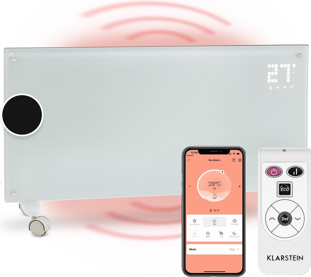 A modern white glass electric heater with wheels, a smartphone displaying its app controls, and a remote control. Red heat waves emanate from the heater and the floor.