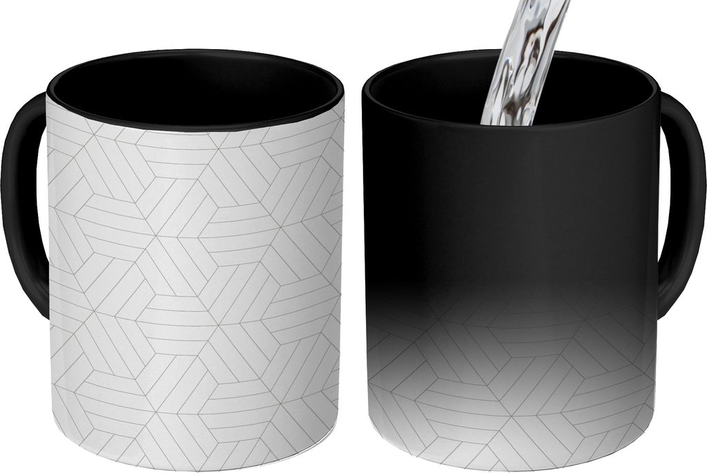 MuchoWow Zauber Tasse Zaubertasse Magic Muster - Linie - Design - Schwarz - Weiß 350 ml Farbwechsel Becher Geschenk Geschenkidee - Magic-Tasse -...