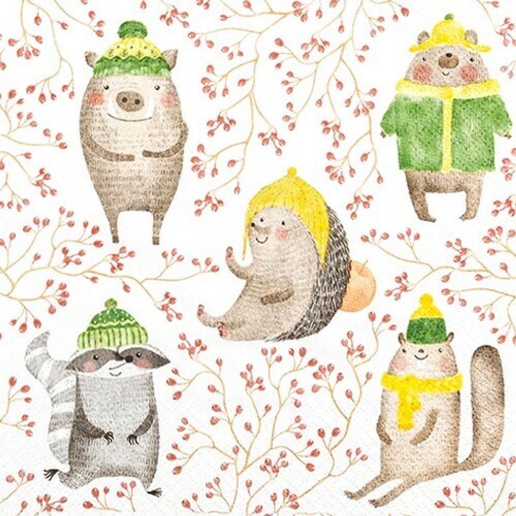 20 Servietten Sweet Buddies - Lustige Herbsttiere mit Mützen 33x33cm