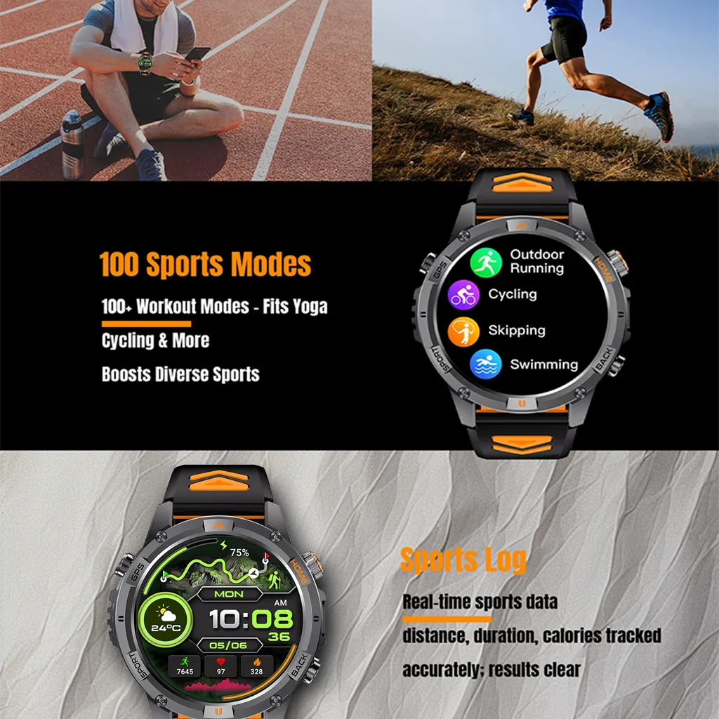 Montre de sport connectée GPS haute résolution 360x360 noir et orange - 2