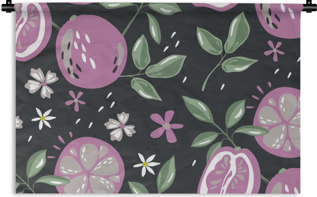 MuchoWow Wandteppich Wandbehang Sommer - Blumen - Obst - Schwarz 150x100 cm Tapisserie Dekoration Wandtuch - Waschbar - Tapisserien - Wand-Decke