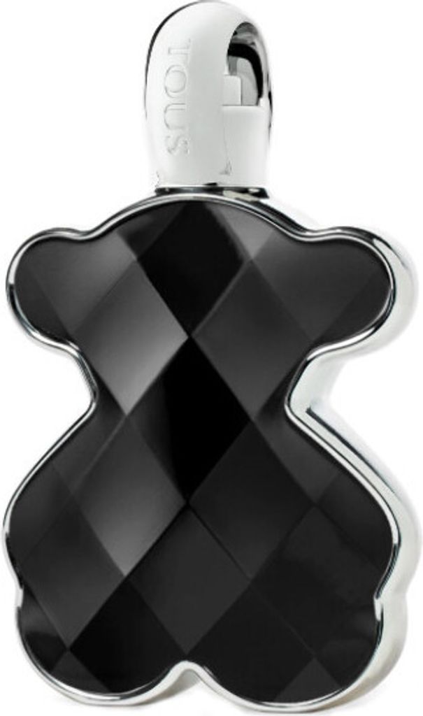 A black, faceted perfume bottle shaped like a bear with a silver cap.