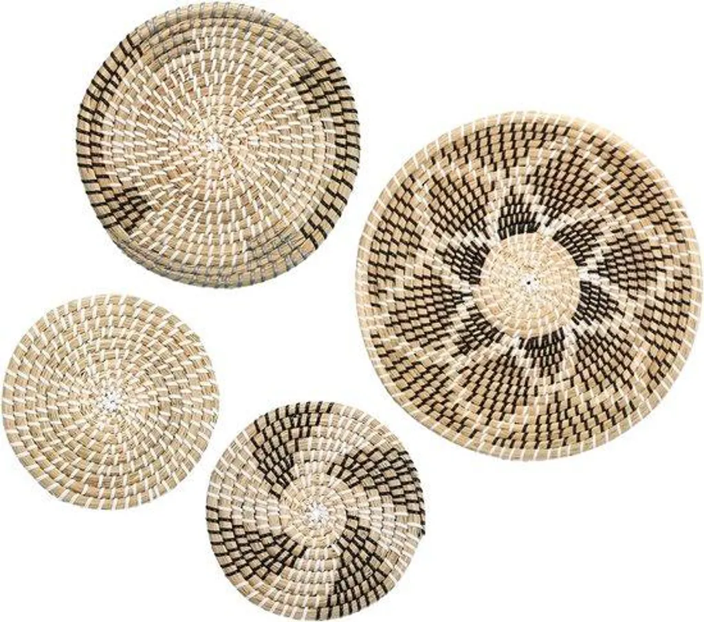 Paniers muraux en paille tressée et crochet : lot artisanal de 4 pcs