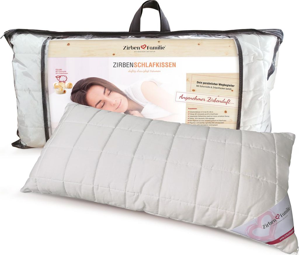 A pillow in its packaging, with a woman sleeping on a similar pillow in the background.