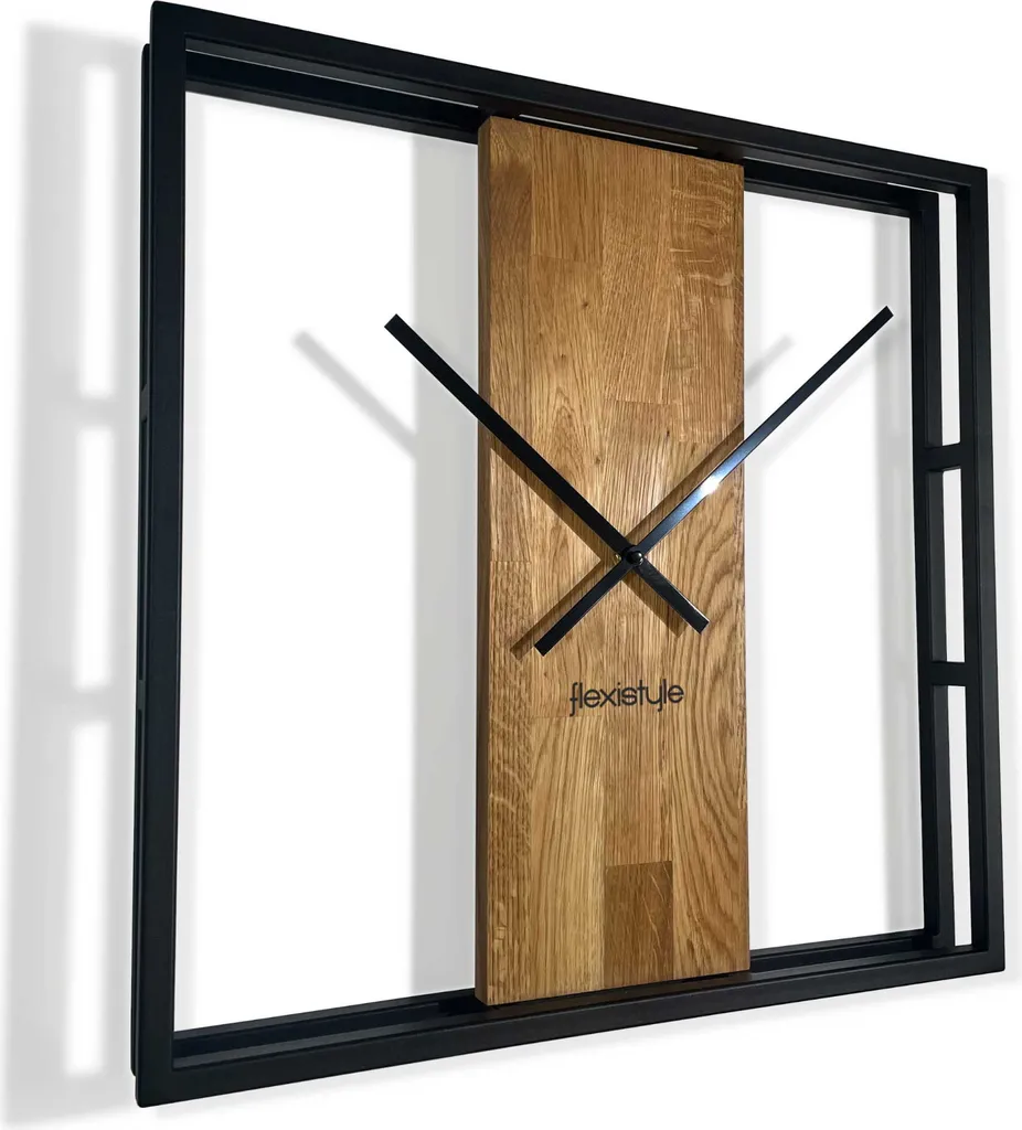 Grande horloge murale carrée en chêne et métal 50cm style loft moderne