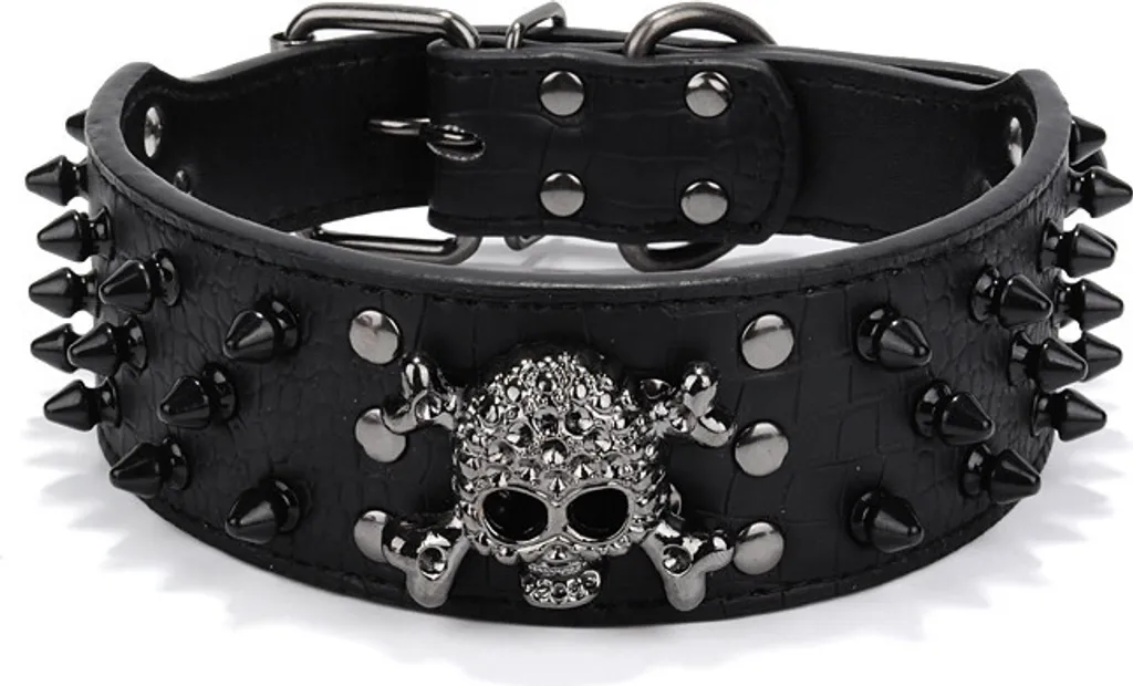 Collare Punk per Cani con Teschi e Borchie - Nero Regolabile 56cm