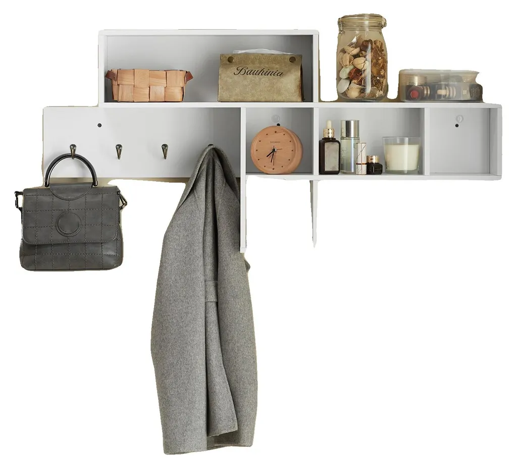 Étagère murale de rangement blanche avec 5 casiers et patères intégrés