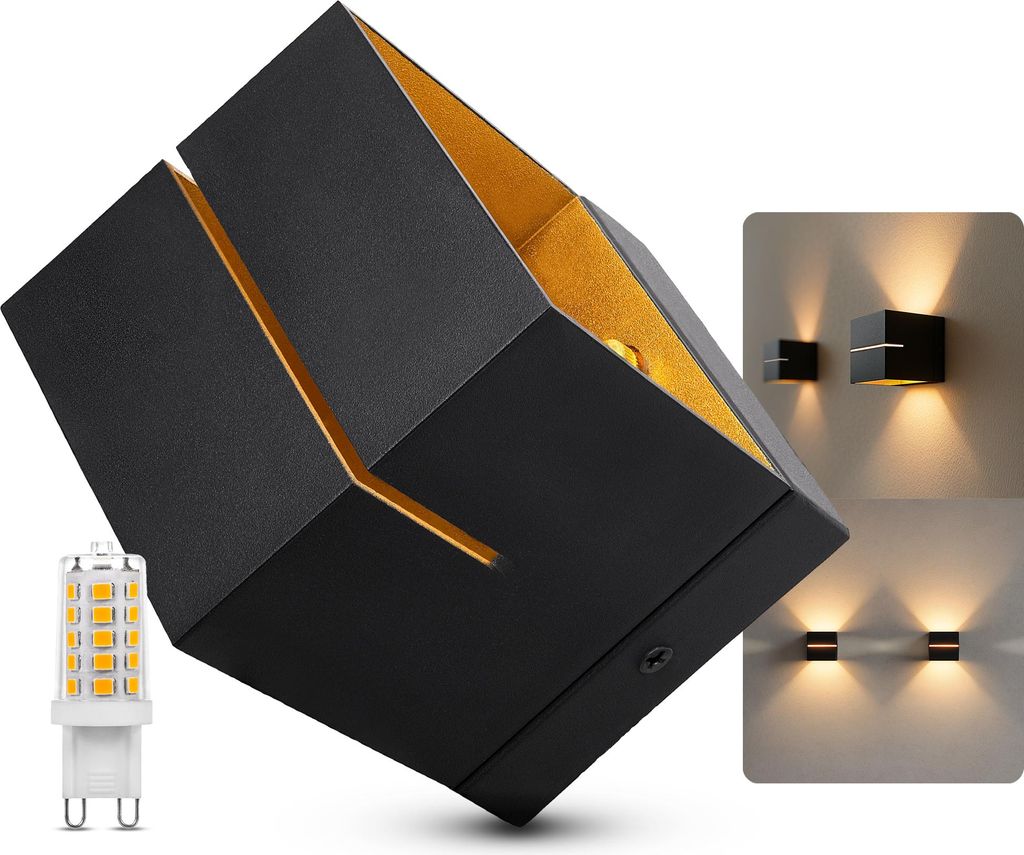 SSC-LUXon KOURA Wandleuchte Innen schwarz mit Lichtschlitz - Wandlampe Gold Design Up Down Leuchte inkl. G9 LED Lampe warmweiß