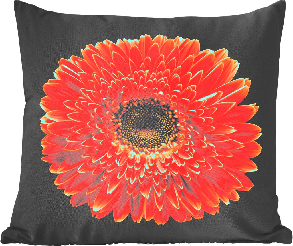MuchoWow Zierkissen Sofakissen Wohnzimmer Dekokissen 40x40 cm Eine orangefarbene Gerbera-Blüte vor schwarzem Hintergrund - Foto Kissen - Schlafz...