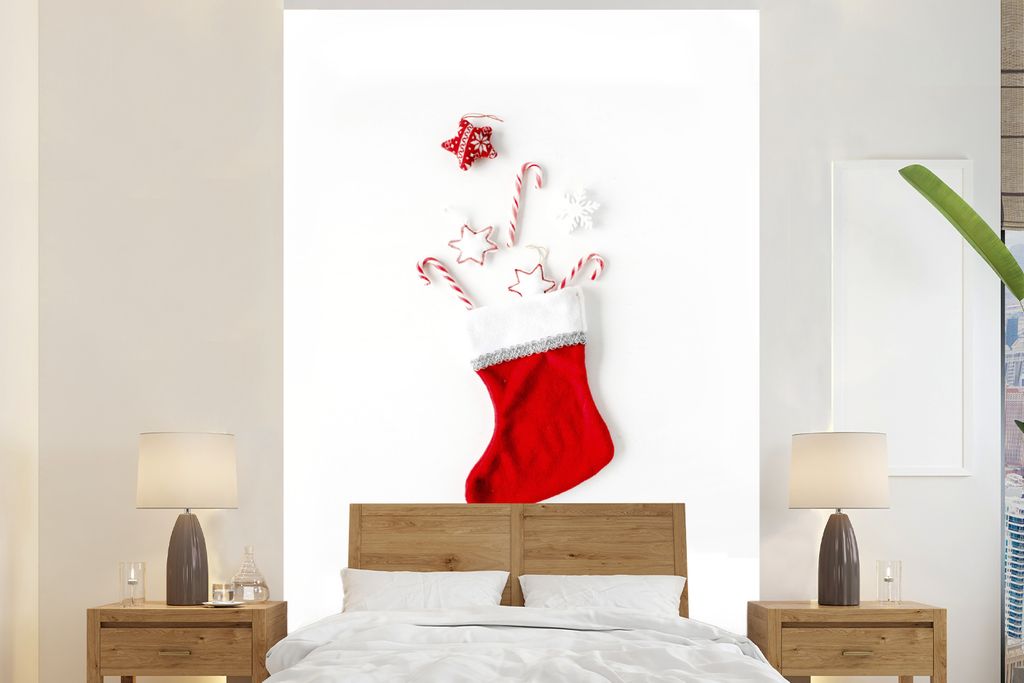 MuchoWow Fototapete für Wohnzimmer oder Schlafzimmer Wandtapete Vinyl Motivtapete Winter - Weihnachtssocke - Bonbon - 180x280 cm - Wallpaper
