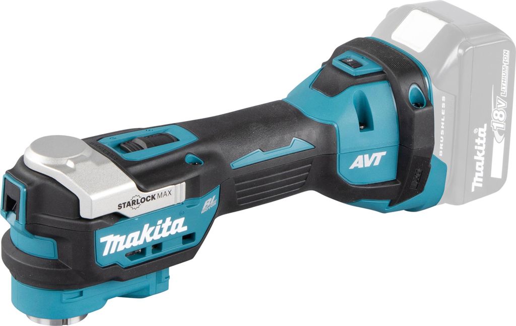 A cordless oscillating multi-tool with a battery pack attached, shown against a white background.
