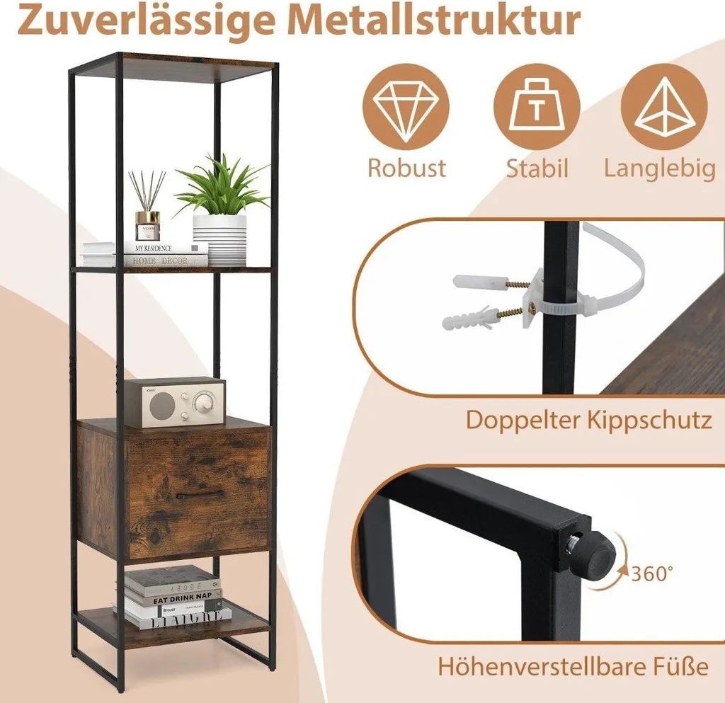 Étagère de rangement moderne marron 5 étages avec tiroir de bureau chic - 4