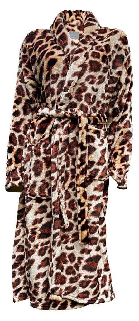 LINNICK Flanell Fleece Bademantel Leopard – braun - M