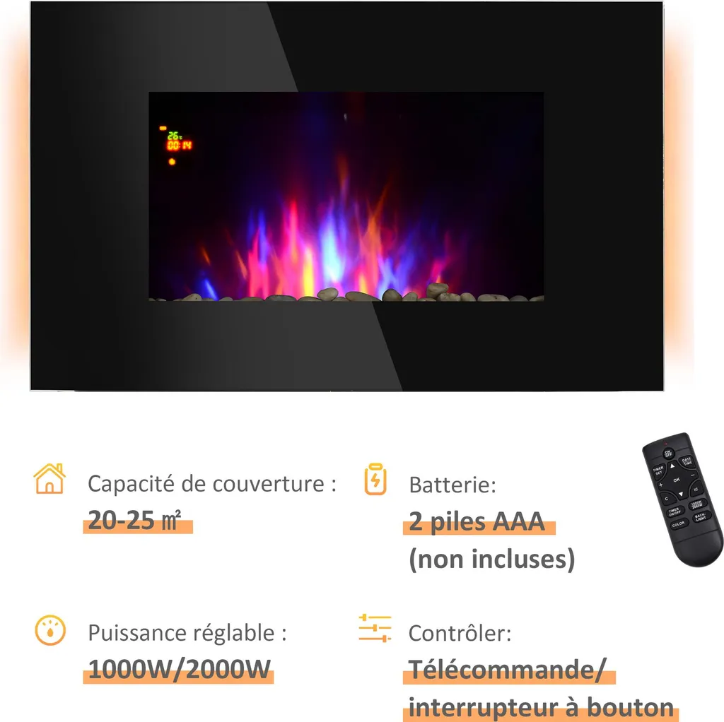 Cheminée Électrique Murale 2000W sans Conduit LED Homcom Noir Galets - 3