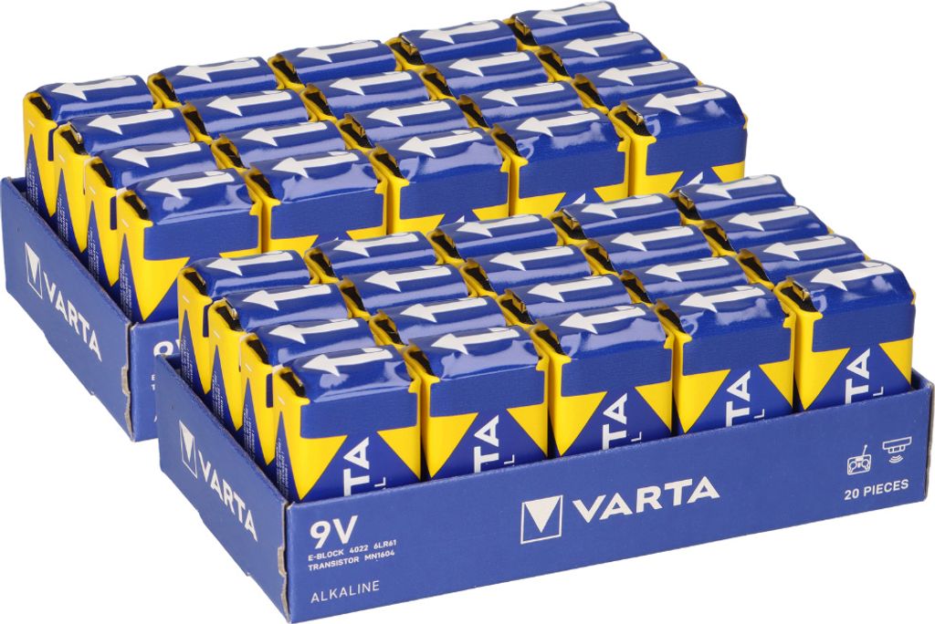 40 x 9V Block Varta Batterie Industrial 4022 - 6LR61 - lose E-Block 2x 20 Stück