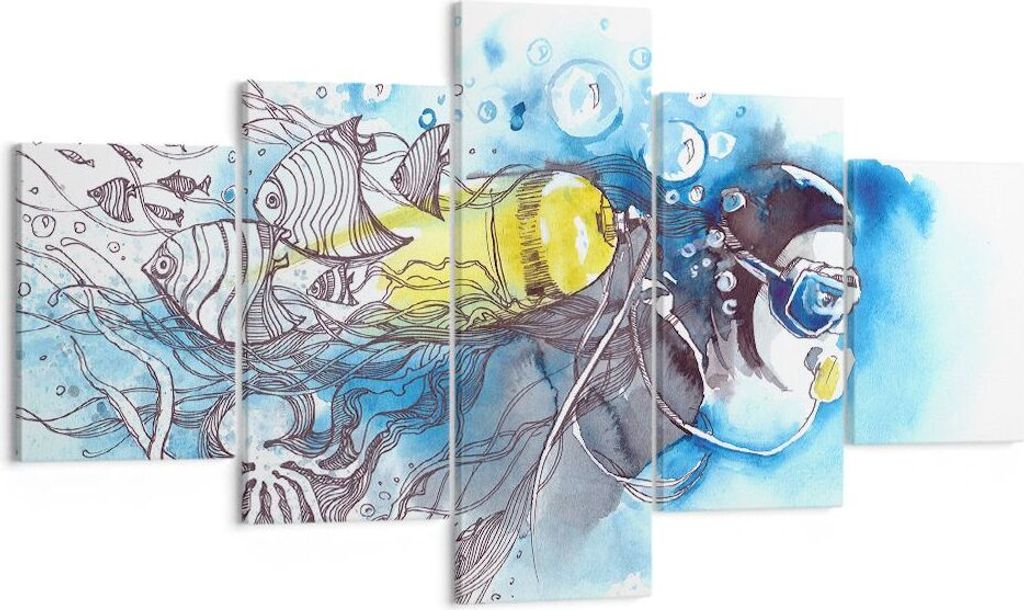 Bild auf Leinwand - Leinwandbild - Taucher Fische Illustration Hobby - 125x70cm - Wand Bild - Wanddeko - Leinwanddruck - Bilder - Kunstdruck - Lein...