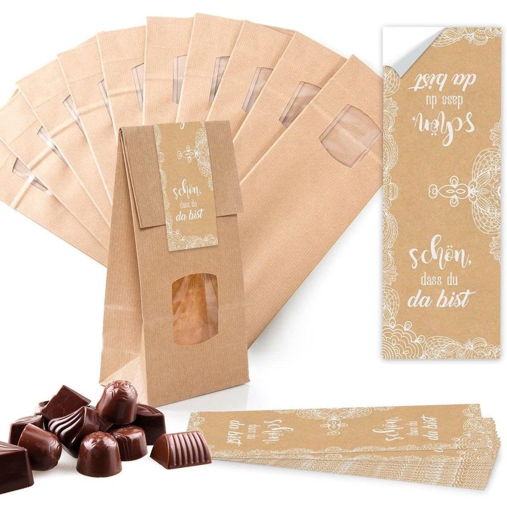 Verpackung 10 kleine braune Blockbodenbeutel Geschenk-Tüte MIT Fenster + Pergamineinlage 10,5 x 6,5 x 29 cm + 10 Aufkleber 5 x 15 cm Welt nur für...