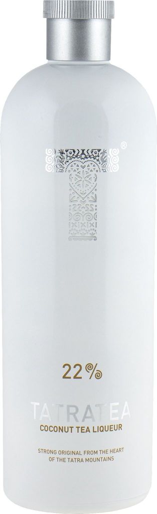 A white bottle of Tatratea Coconut Tea Liqueur.
