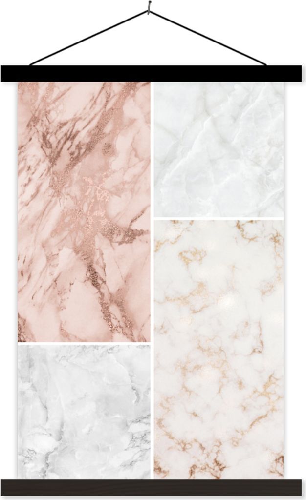 MuchoWow Textilposter Marmor - Rosa - Collage 40x60 cm mit schwarzem Rahmen - Wanddekorationen
