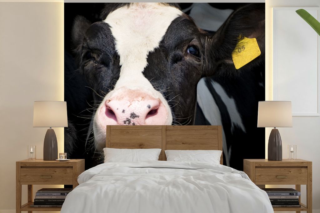 MuchoWow Fototapete für Wohnzimmer oder Schlafzimmer Wandtapete Vinyl Motivtapete Kuh - Nutztier - Etikett - 280x280 cm - Hintergrundbild