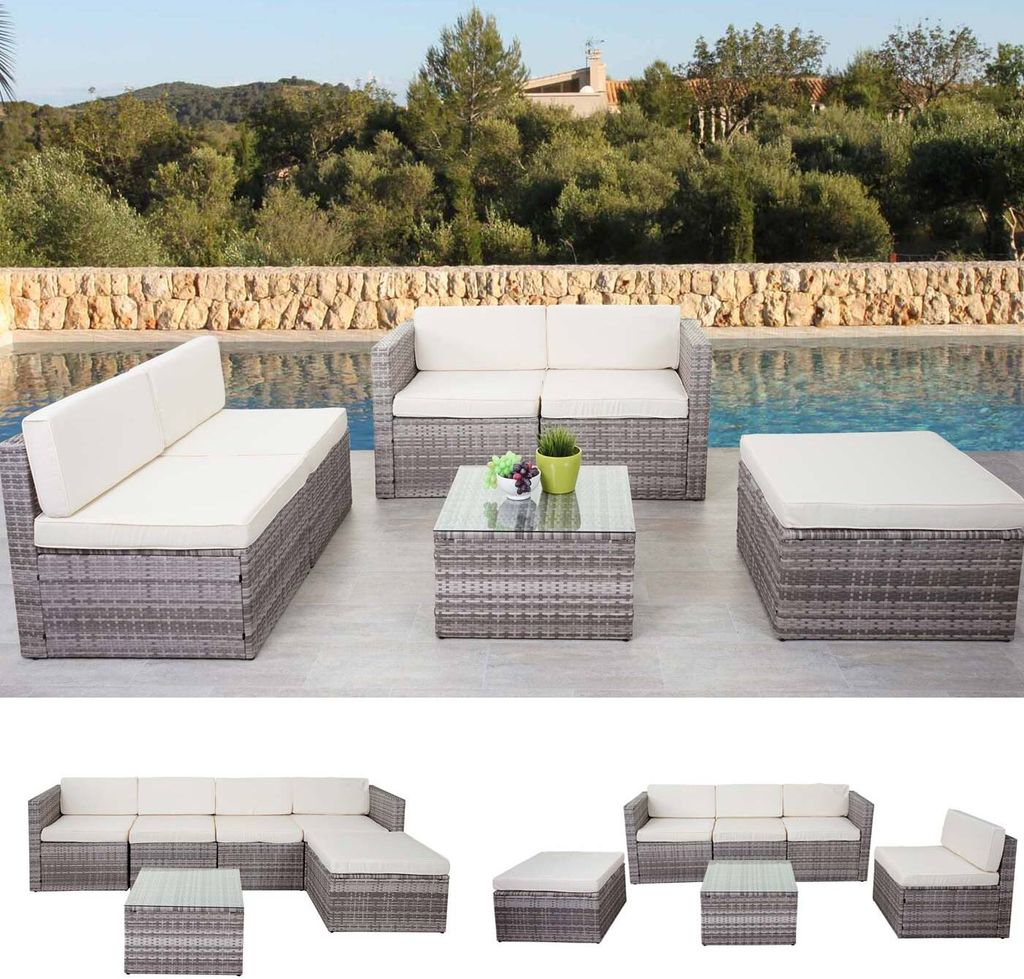 Poly-Rattan-Garnitur HWC-D24, Garten-/Lounge-Set Sofa grau, Polster creme