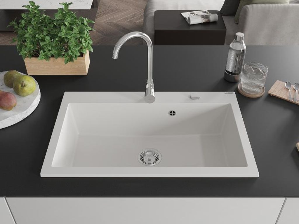 Mexen Elix Granitspüle 1-Becken 800 x 500 mm, weiß, Siphon Produktbild 