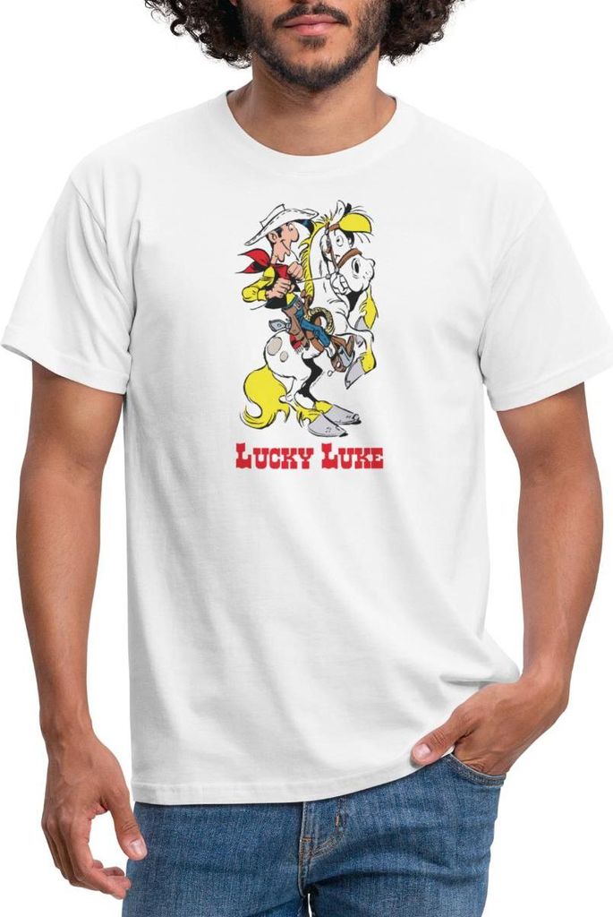 Spreadshirt Lucky Luke mit Pferd Jolly Jumper Männer T-Shirt, S, Weiß