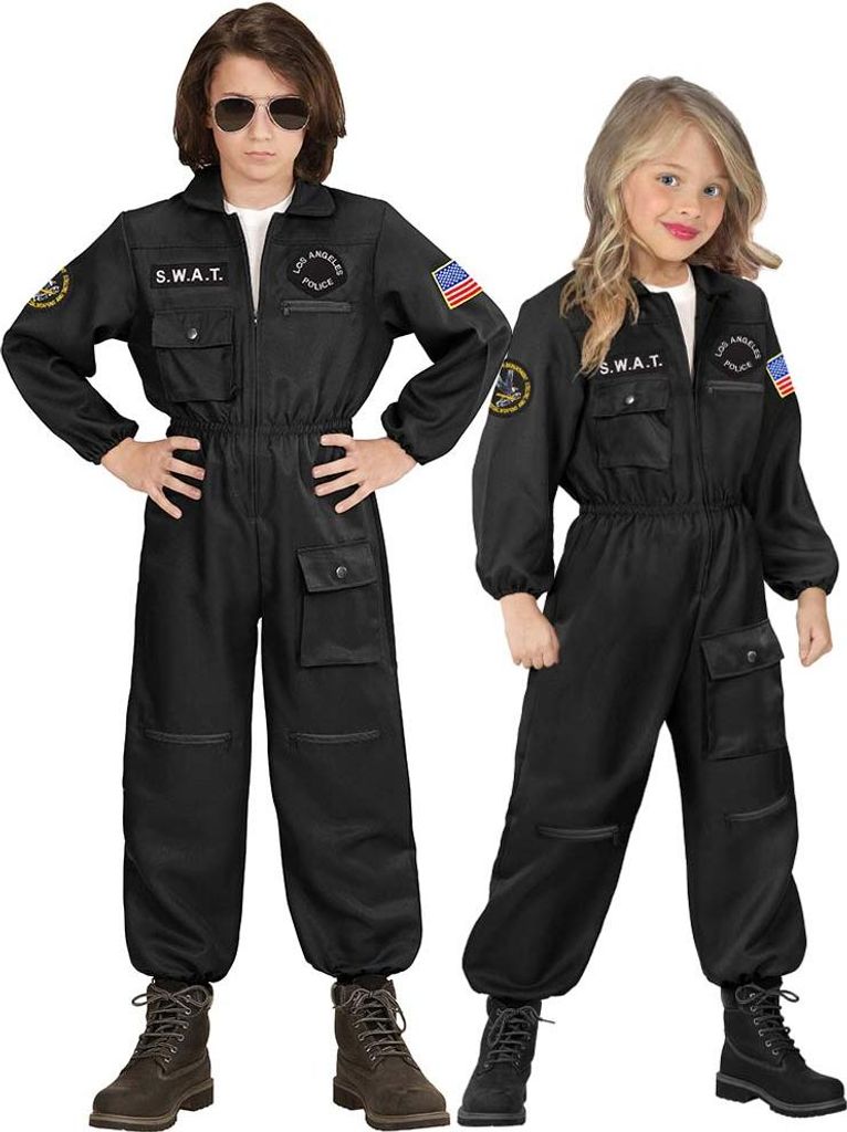 Two children, a boy and a girl, are posing in SWAT costumes.
