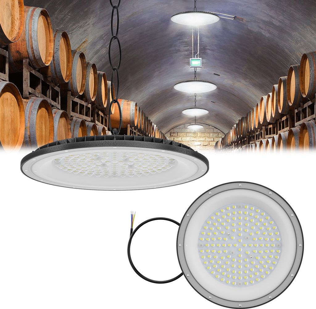 A collage showing a high bay LED light fixture in the foreground and a wine cellar with barrels and similar lights in the background.