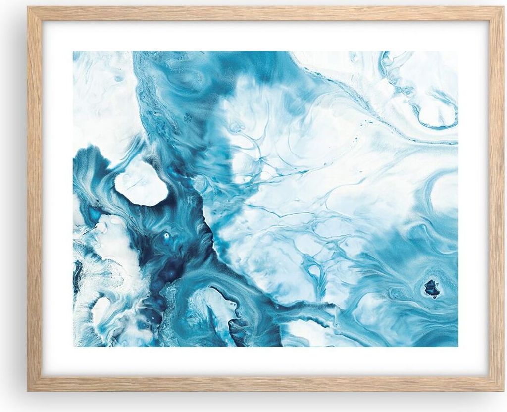 Gerahmtes Poster - Rahmen in heller Eiche - Abstraktion Flüssigkeit hellblau - 50x40 cm - Wand Bild - Wanddeko - Wandbilder - Wandposter - Bilderr...