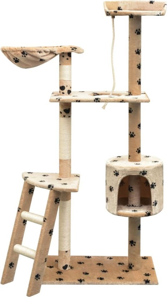 Katzen-Kratzbaum Sisal 150 cm Beige mit Pfoten-Aufdruck Produktbild 