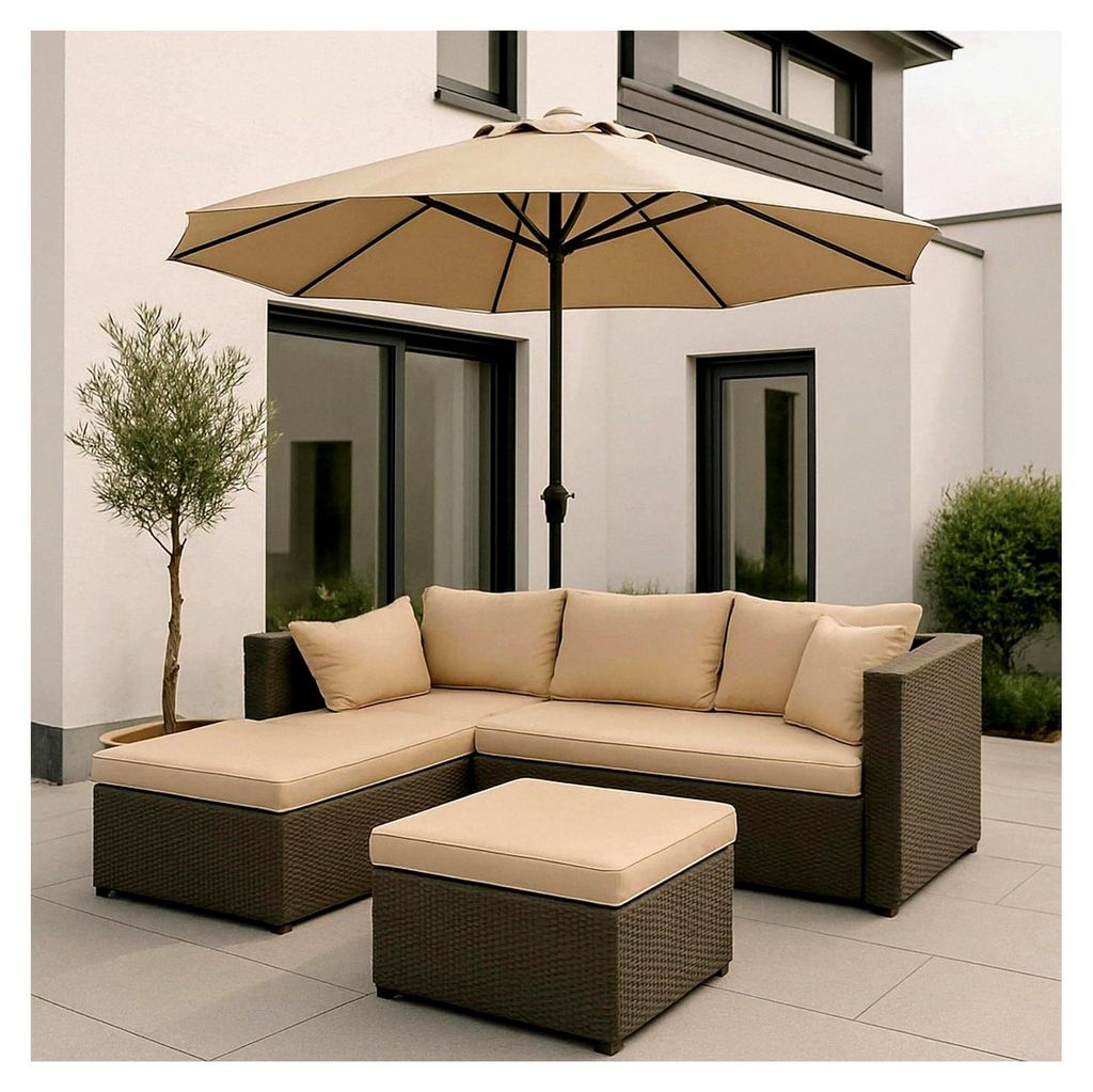 Poly-Rattan Garnitur, Balkon-/Garten-/Lounge-Set Sofa Sitzgruppe - graue Polsterung beige