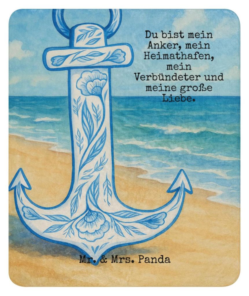 Mr. & Mrs. Panda Heimdecke Anker Blau Design 130 x 155 cm - Weiß - Geschenk, Sofadecke, Lustige Sprüche, Tagesdecke, Decke, Plaid, Kuscheldecke