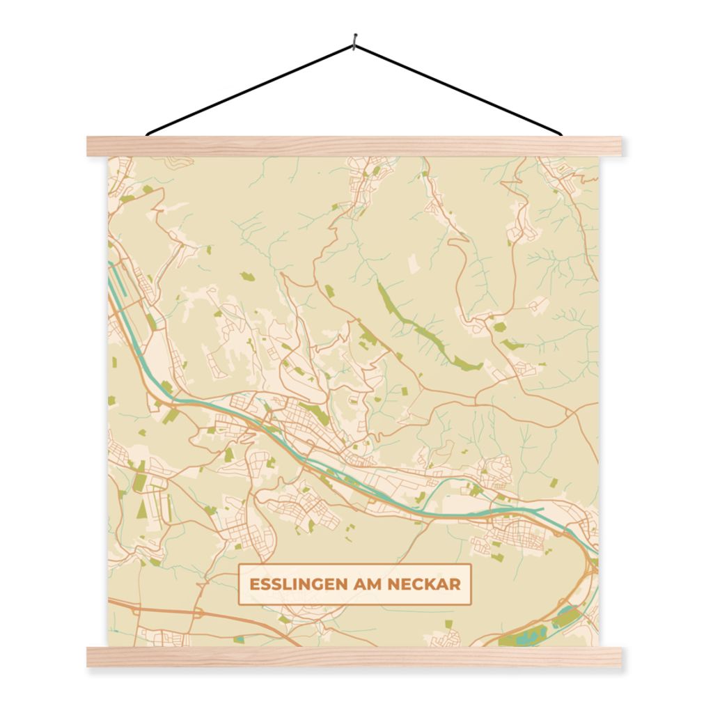 MuchoWow Textilposter Esslingen am Neckar - Karte - Vintage - Stadtplan 120x120 cm mit holzfarbenen Rahmen - Textil-Poster