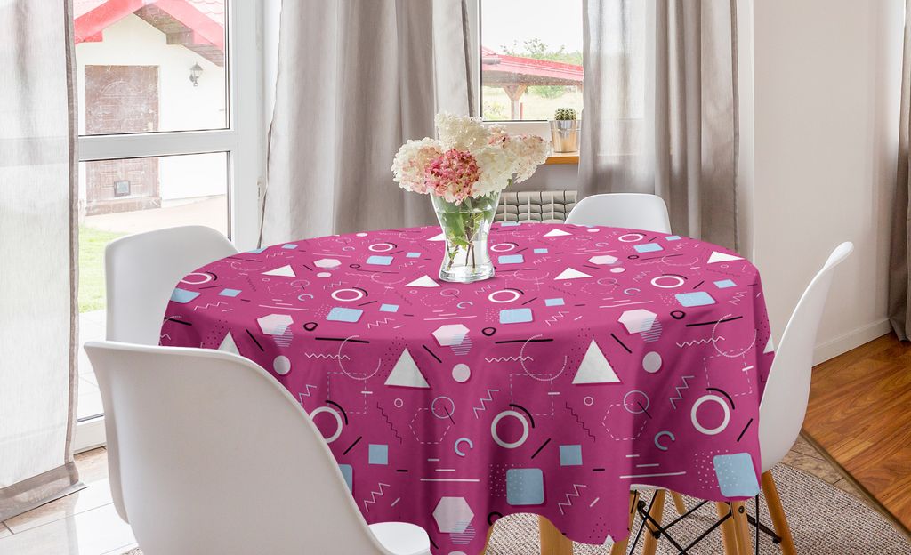ABAKUHAUS Geometrisch Runde Tischdecke, Memphis Style Design, Kreis Tischdecke Abdeckung für Esszimmer Küche Dekoration, 150 cm, Rosa Hellblau Sc...