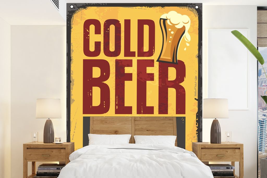 MuchoWow Fototapete für Wohnzimmer oder Schlafzimmer Wandtapete Vinyl Motivtapete Mannshöhle - Bier - Jahrgang - 190x260 cm - Papiertapete