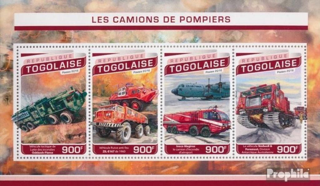 Briefmarken Togo 2016 Mi 7744-7747 Kleinbogen (kompl. Ausgabe) postfrisch Feuerwehrfahrzeuge