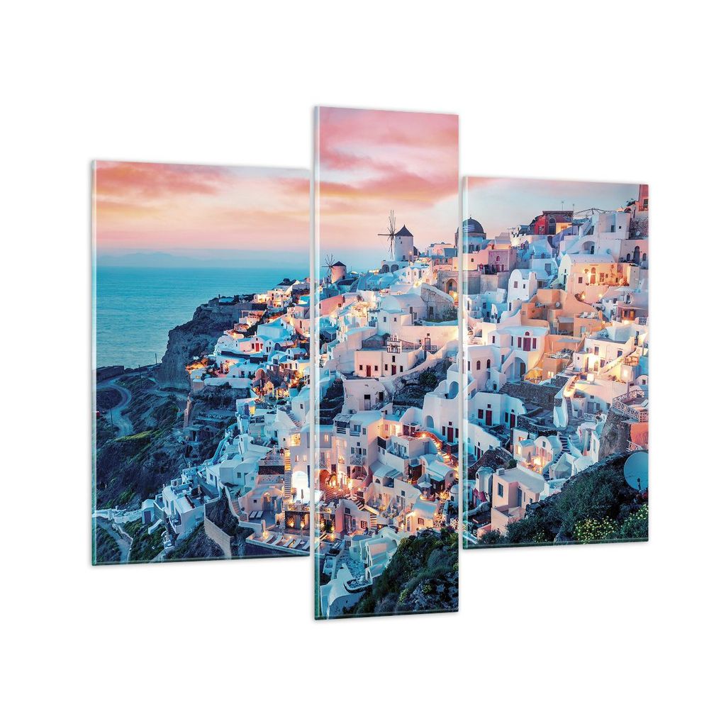Bilder auf glas - 3 Teile - Santorini Griechenland anzeigen - 95x80cm - Glasbilder - Wandbilder - Bilder - Wanddekoration aus Glas - Glas Bilder - ...