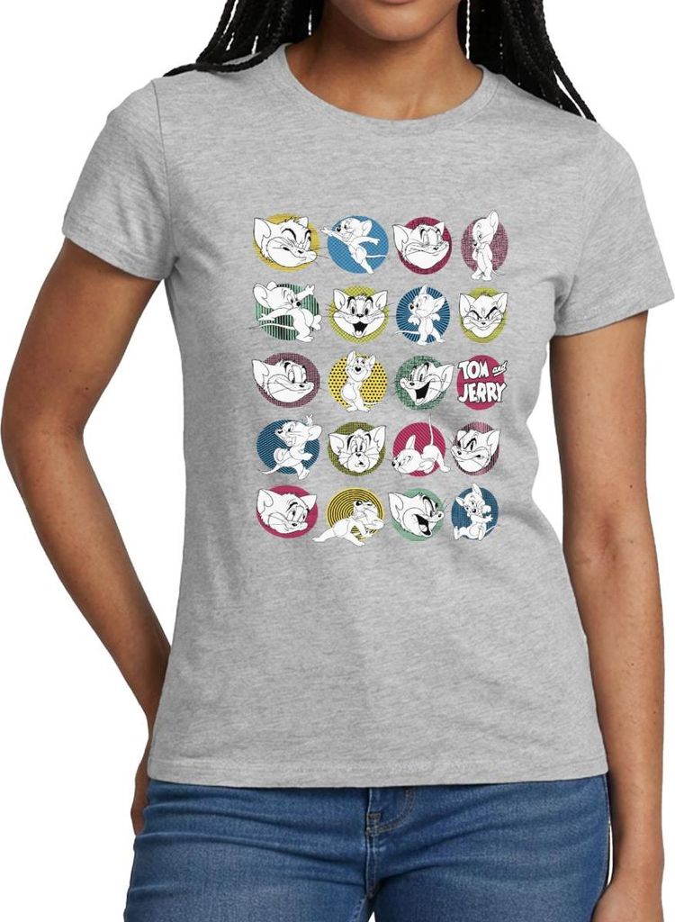 Spreadshirt Tom Und Jerry Ikonische Ausdrücke Frauen T-Shirt, XXL, Grau meliert