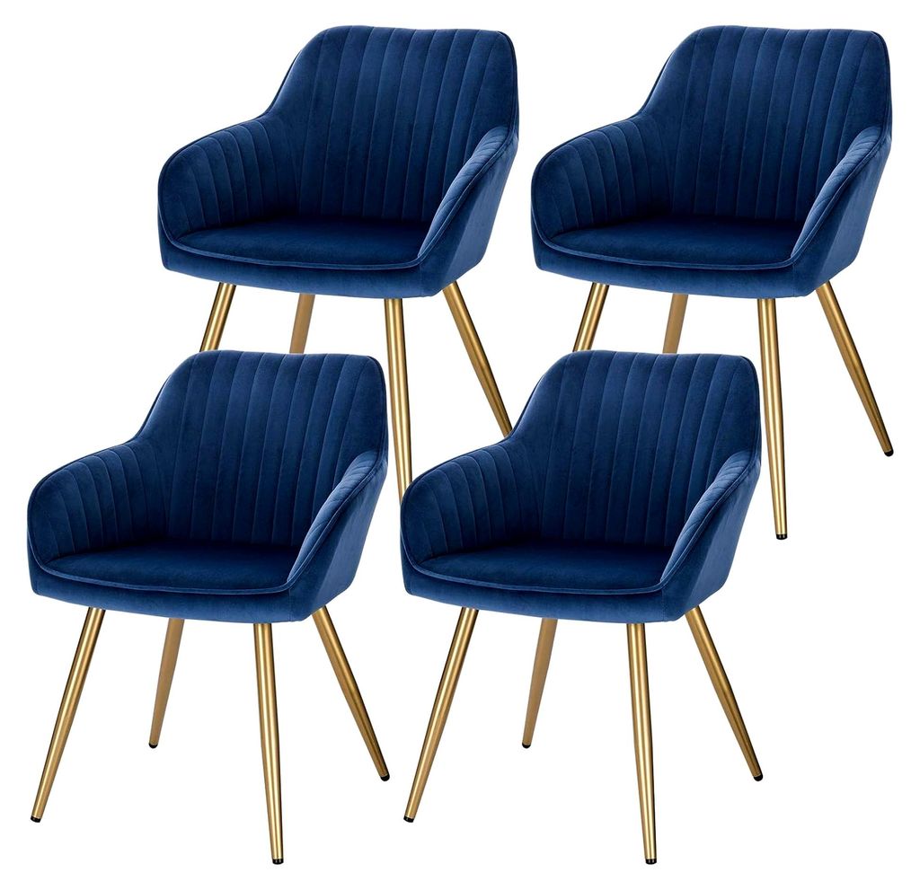Esszimmerstühle 4er Set, gepolstert mit Armlehne, Metallbeine, Sitzfläche aus Samt, Blau für Esszimmer, Wohnzimmer und Küche