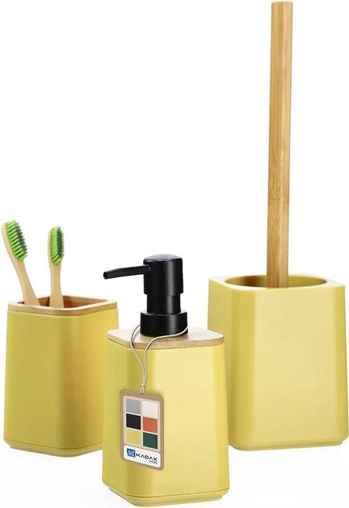 Accessoires de bain design jaune et bambou avec brosse WC et verre